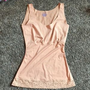 Spanx shaping top with lace trim, nude color.